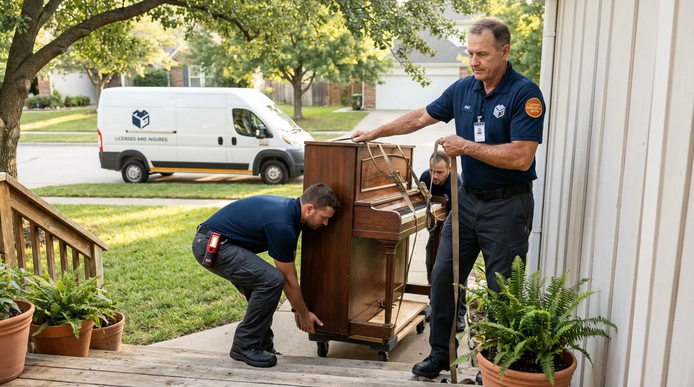 Licensed piano movers securing grand piano in Slatington, PA