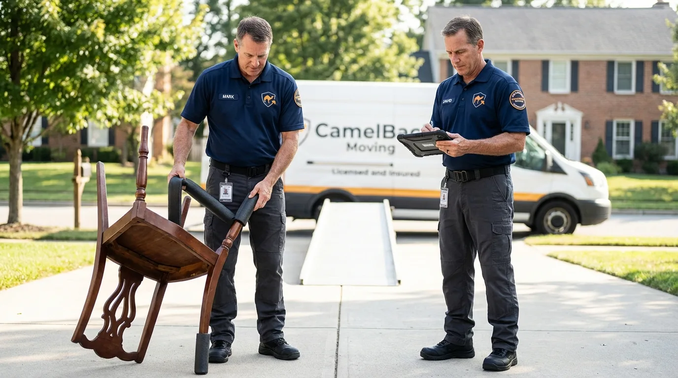 Movers inspecting furniture for damage prevention before loading in Slatington, PA