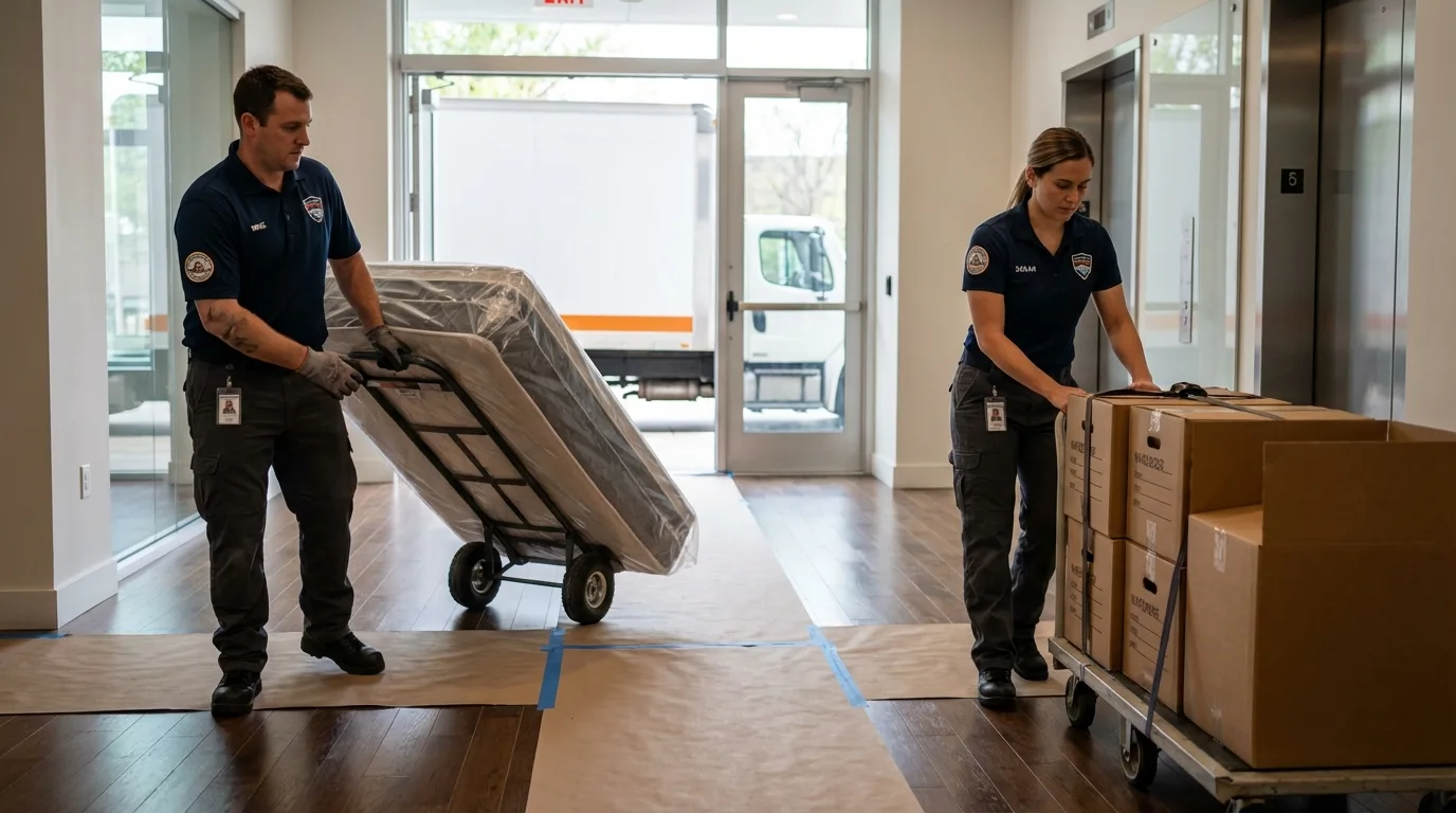 Professional apartment movers loading elevator in Slatington, PA