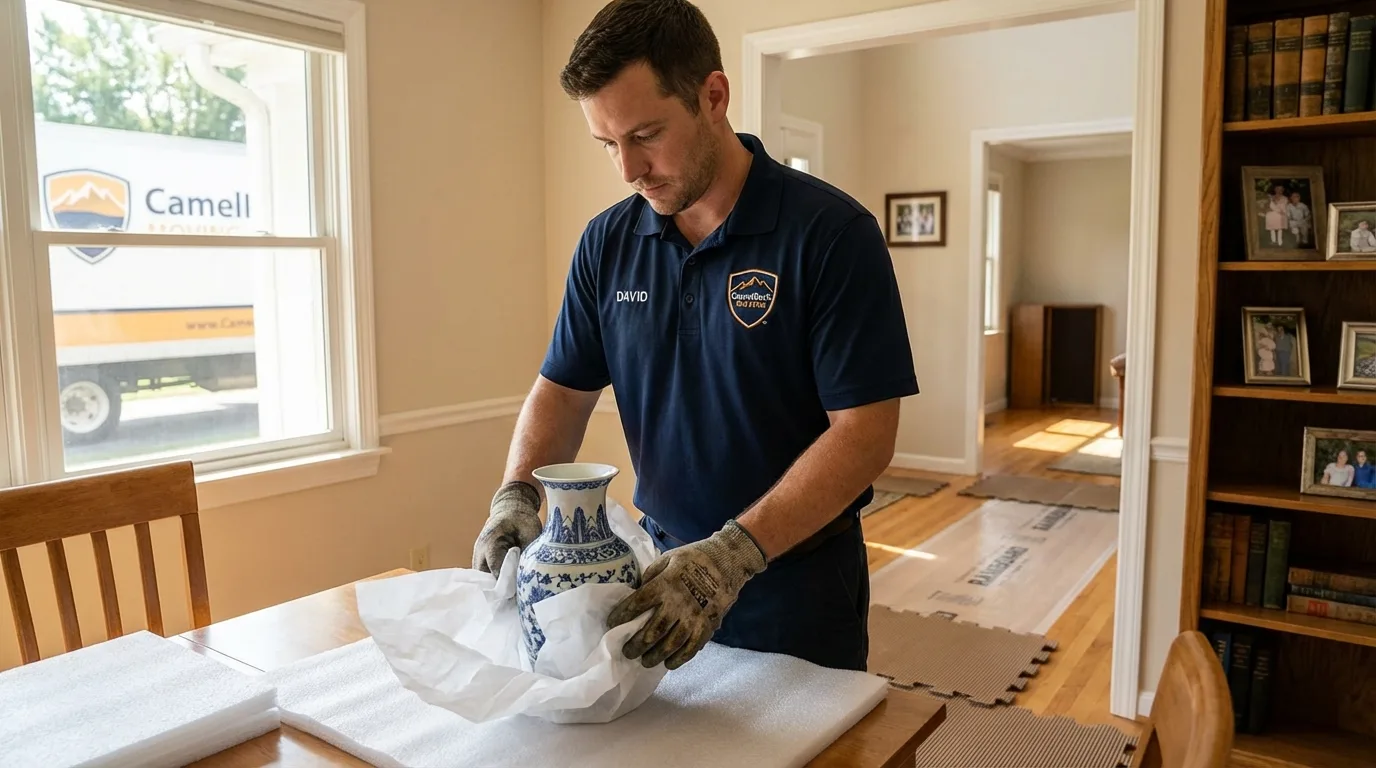 Professional crew carefully wrapping antique vase for senior downsizing move in Slatington, PA
